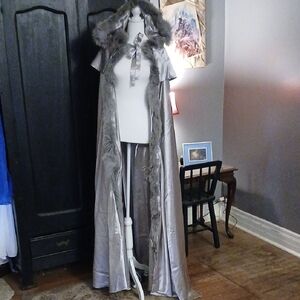 Faux-Fur Trim Hooded Satin Silver Cape Full Length